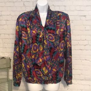 Vintage multi color geometric design silk top